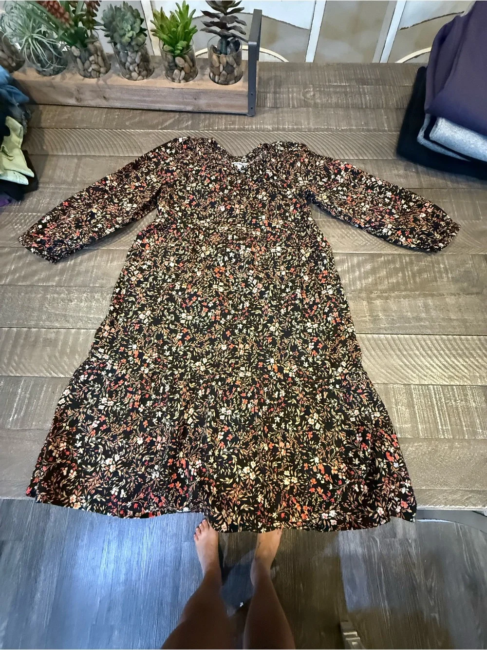 Girl’s Black Floral Long Sleeve Midi Dress
